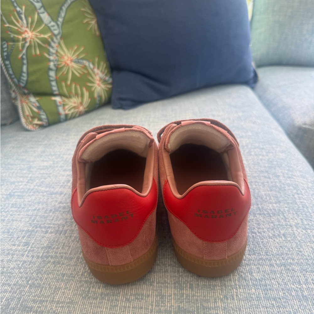 Worn ONCE like new Isabel Marant Pink Suede Velcro Sneakers with Red Accent - Picture 7 of 7